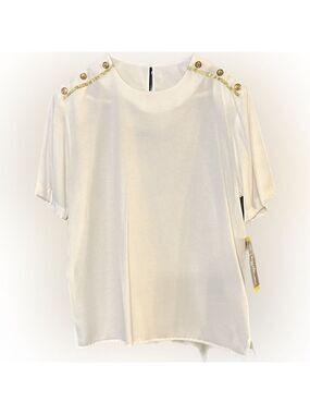 NWT Vintage Katie Brooke Off White blouse Gold Metal button on shoulders Size 14